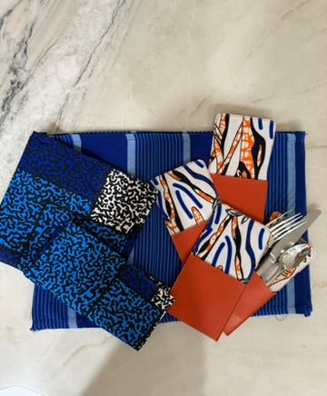 Blue Napkins + Placemats + Cutlery Holders. set of 4