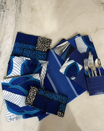 Blue Napkins + Placemats + Cutlery Holders. set of 4