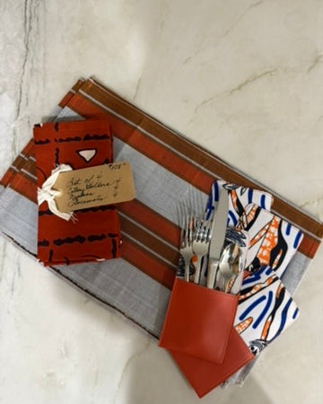 Orange Silver Placemats with Napkins and Cutlery Holders. Set of 4. Only 1 set remaining