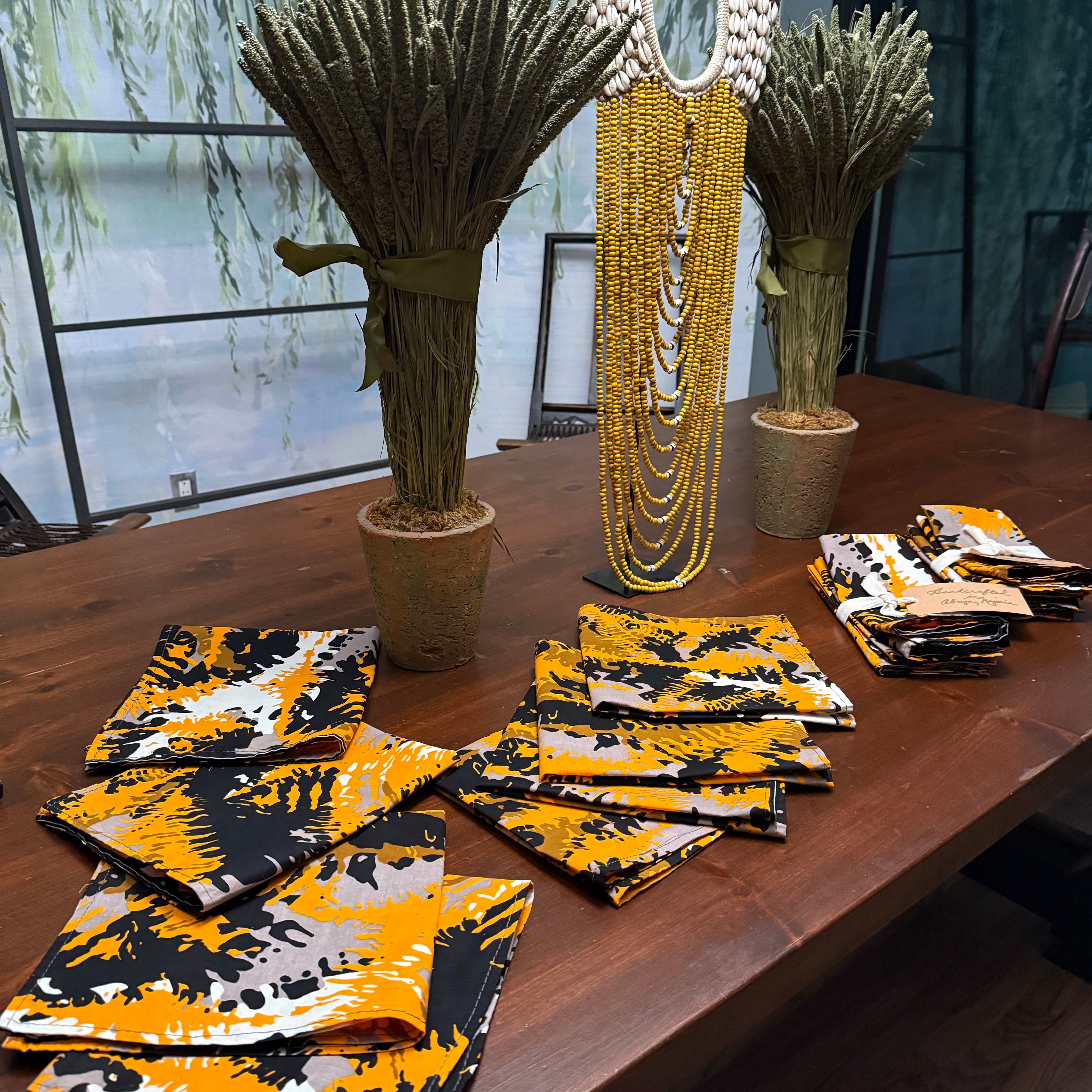 Yellow/Orange Black & White Napkins Sets of 4.