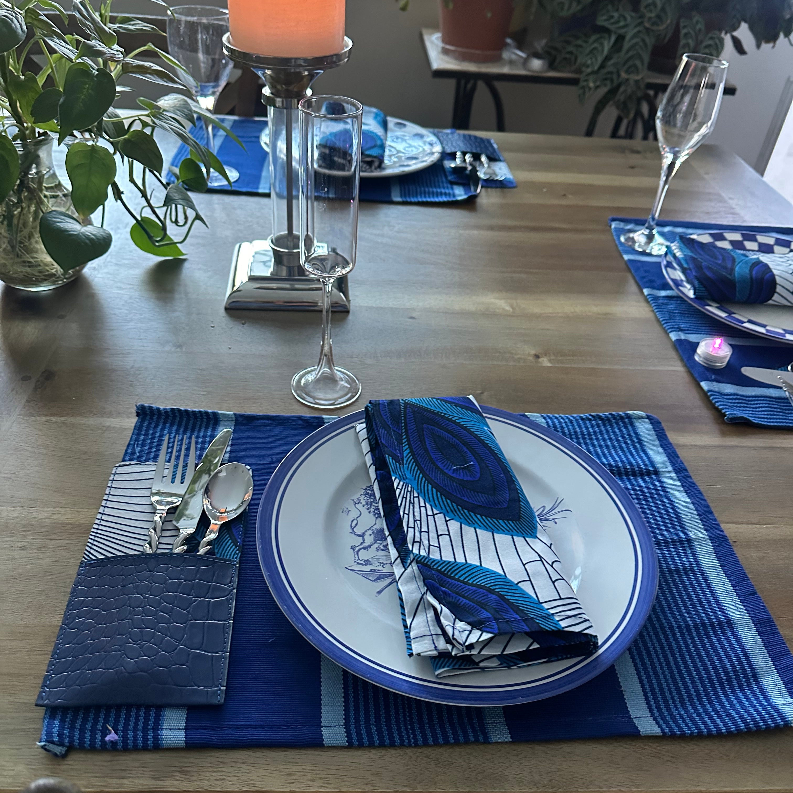Nigerian Hand Crafted Blue/White Leaf Napkins W/ Matching Placemats & Cutlery Holders-Spark Social