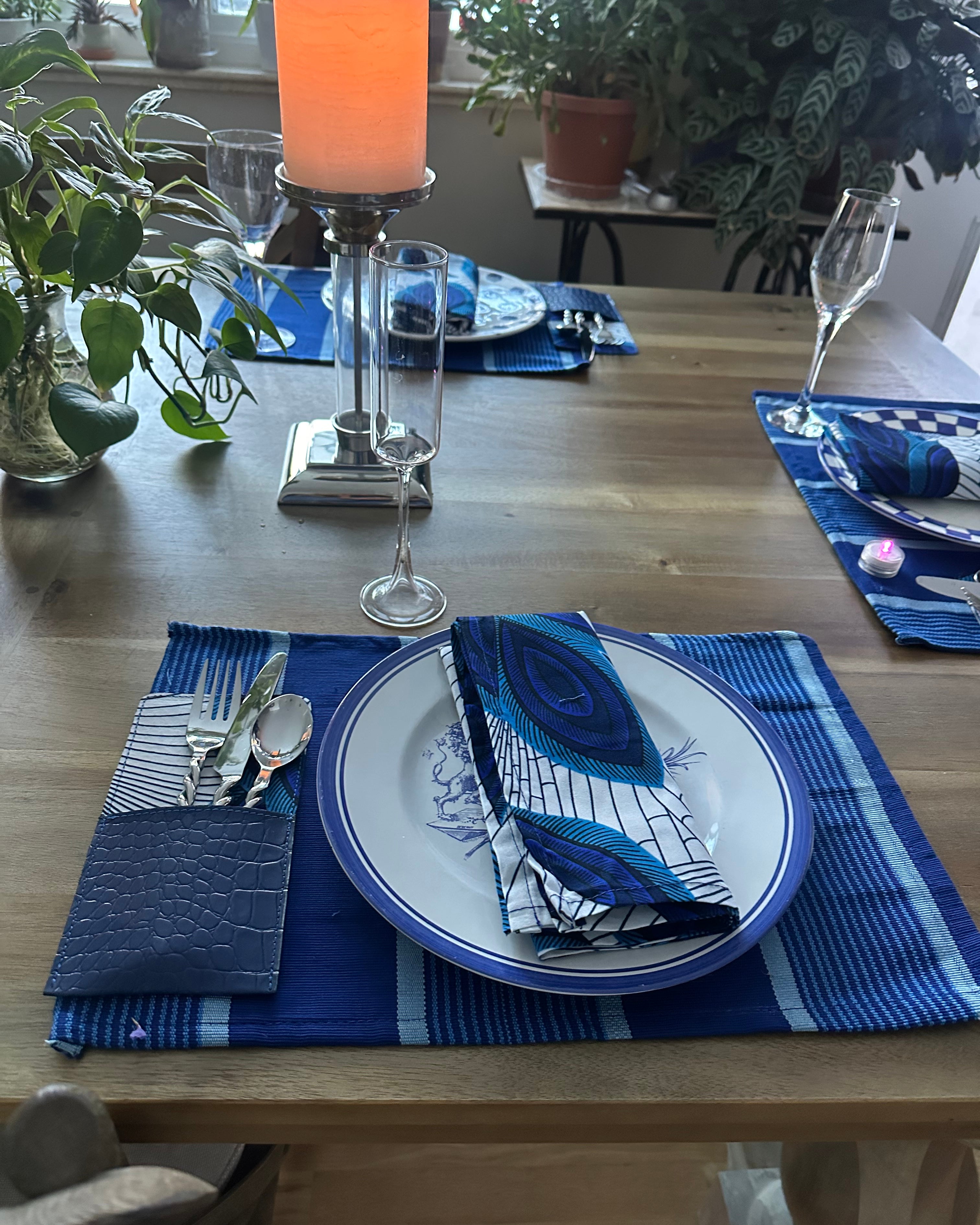 Nigerian Hand Crafted Blue/White Leaf Napkins W/ Matching Placemats & Cutlery Holders-Spark Social