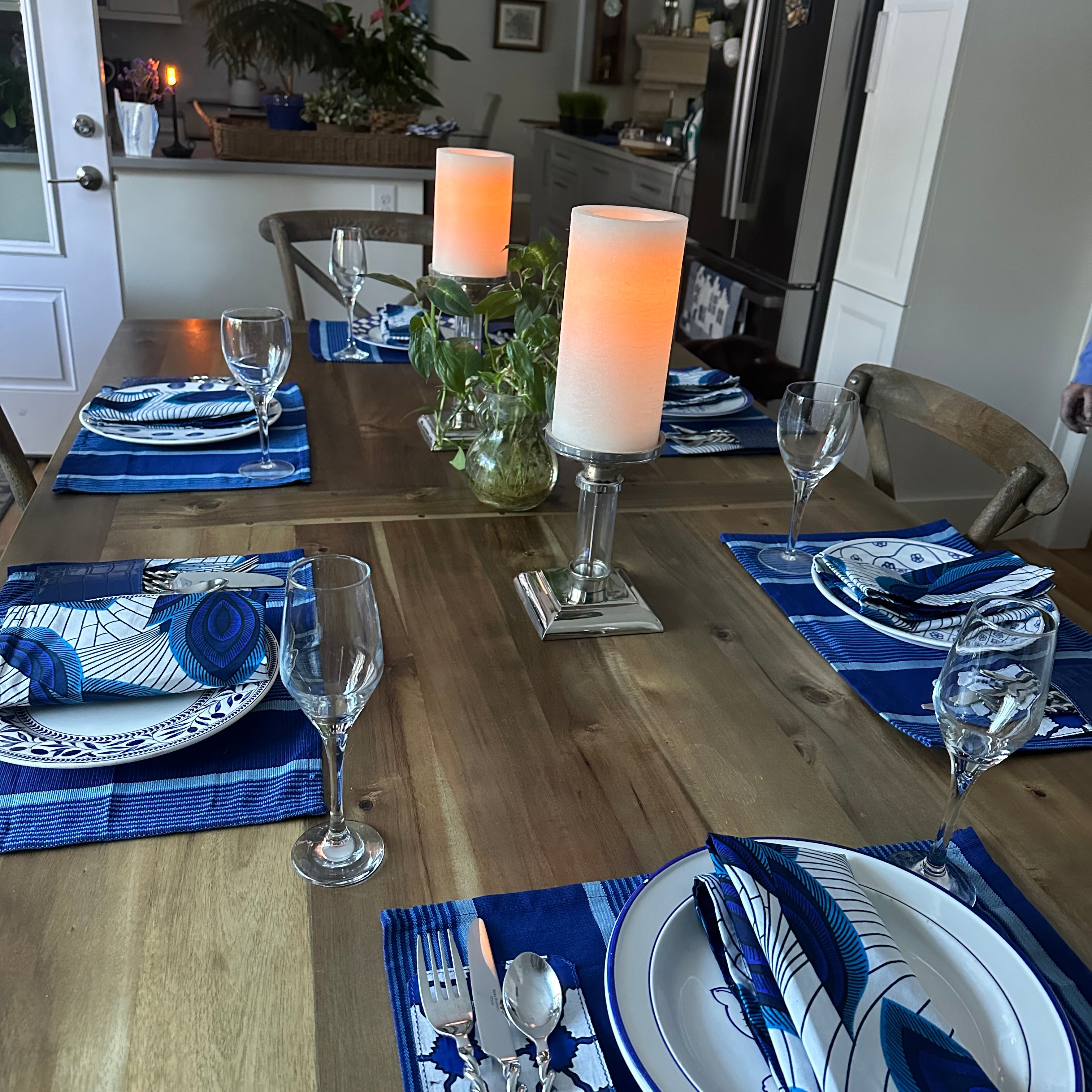 Nigerian Hand Crafted Blue/White Leaf Napkins W/ Matching Placemats & Cutlery Holders-Spark Social