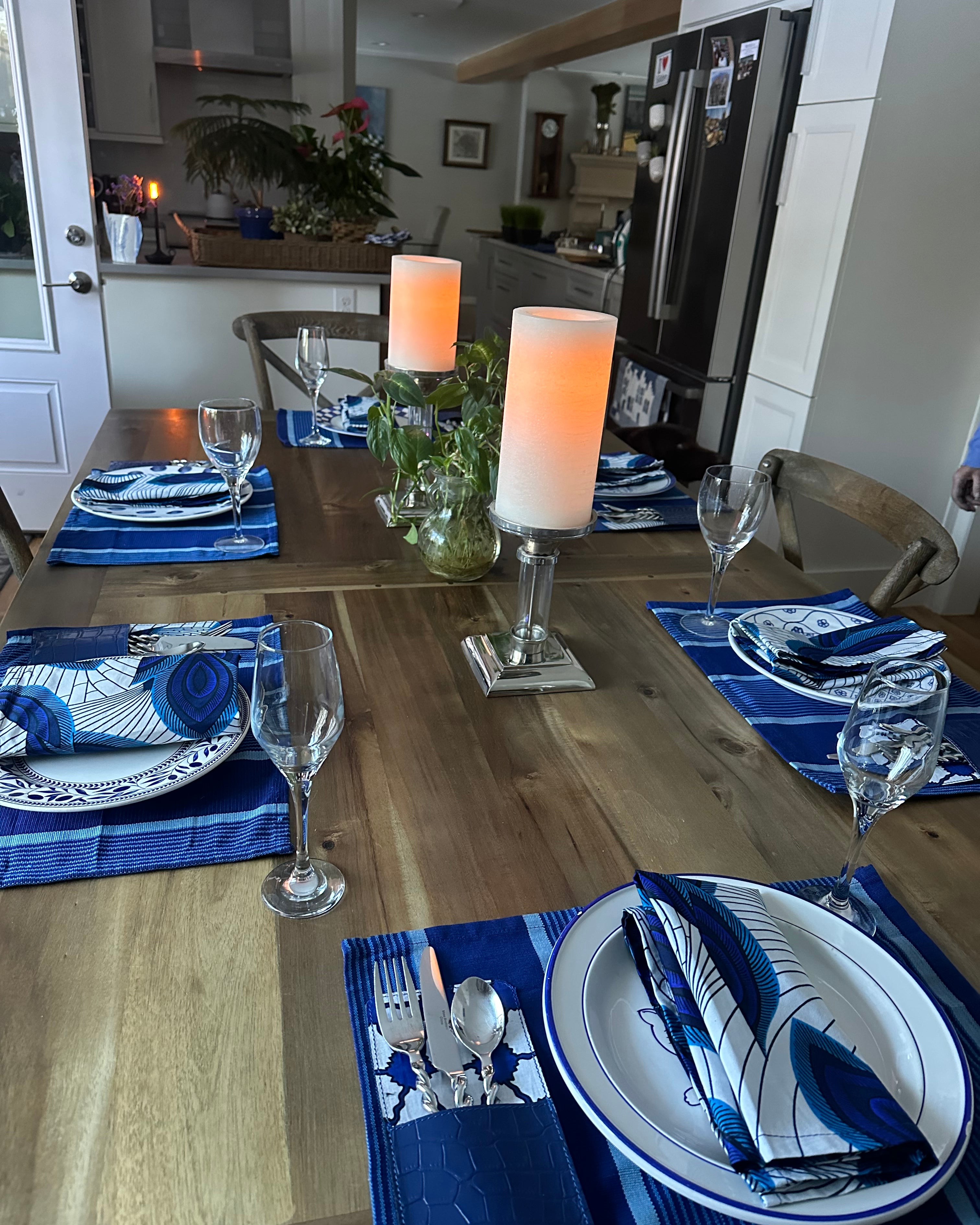 Nigerian Hand Crafted Blue/White Leaf Napkins W/ Matching Placemats & Cutlery Holders-Spark Social