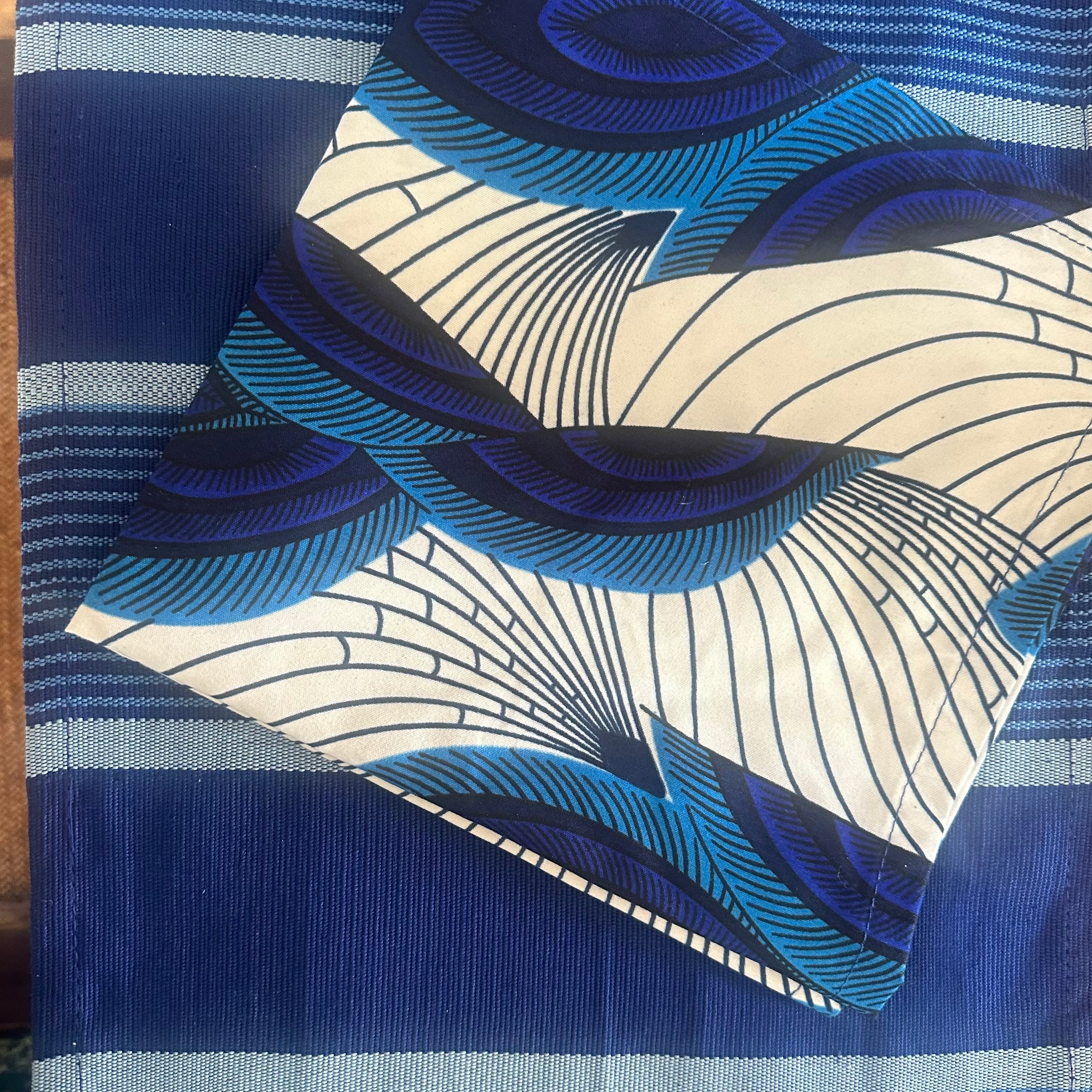 Nigerian Hand Crafted Blue/White Leaf Napkins W/ Matching Placemats & Cutlery Holders-Spark Social