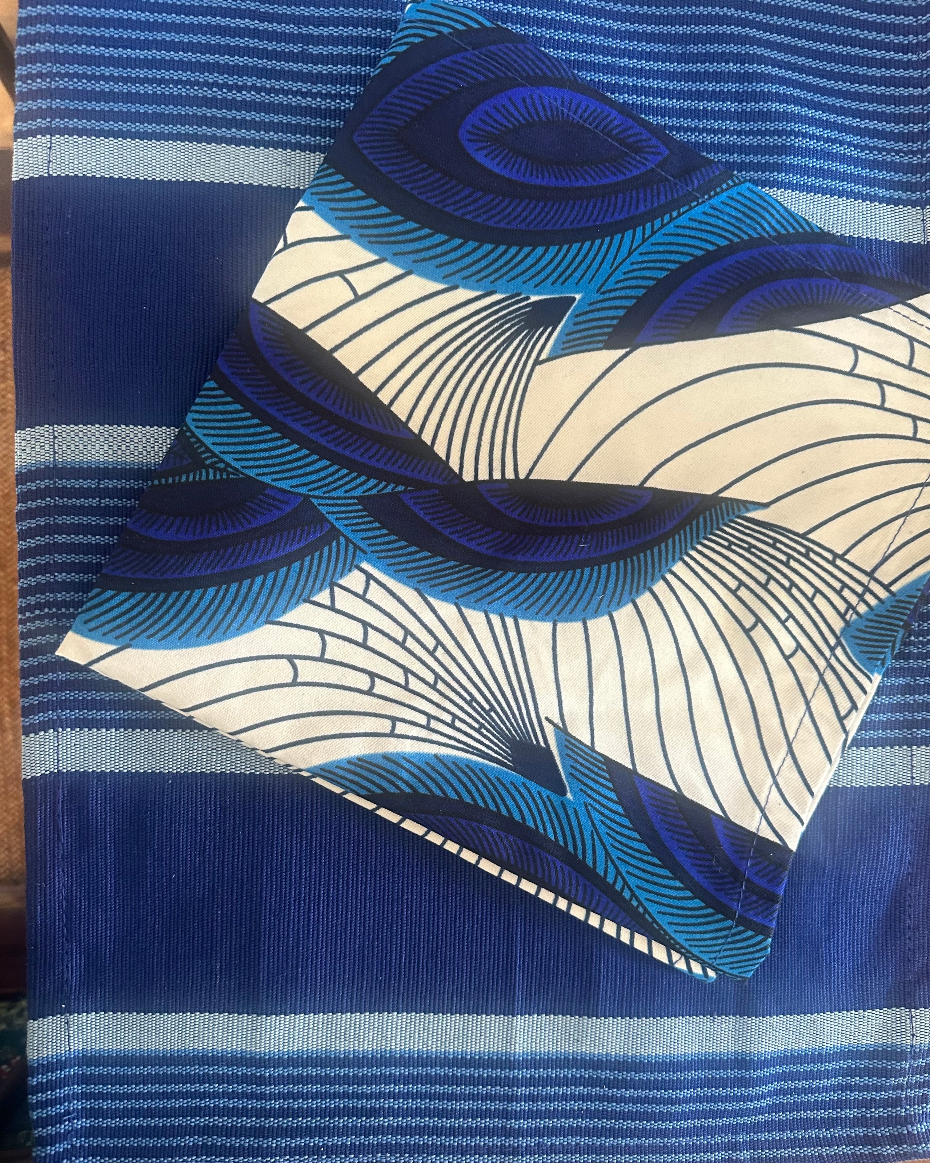 Nigerian Hand Crafted Blue/White Leaf Napkins W/ Matching Placemats & Cutlery Holders-Spark Social