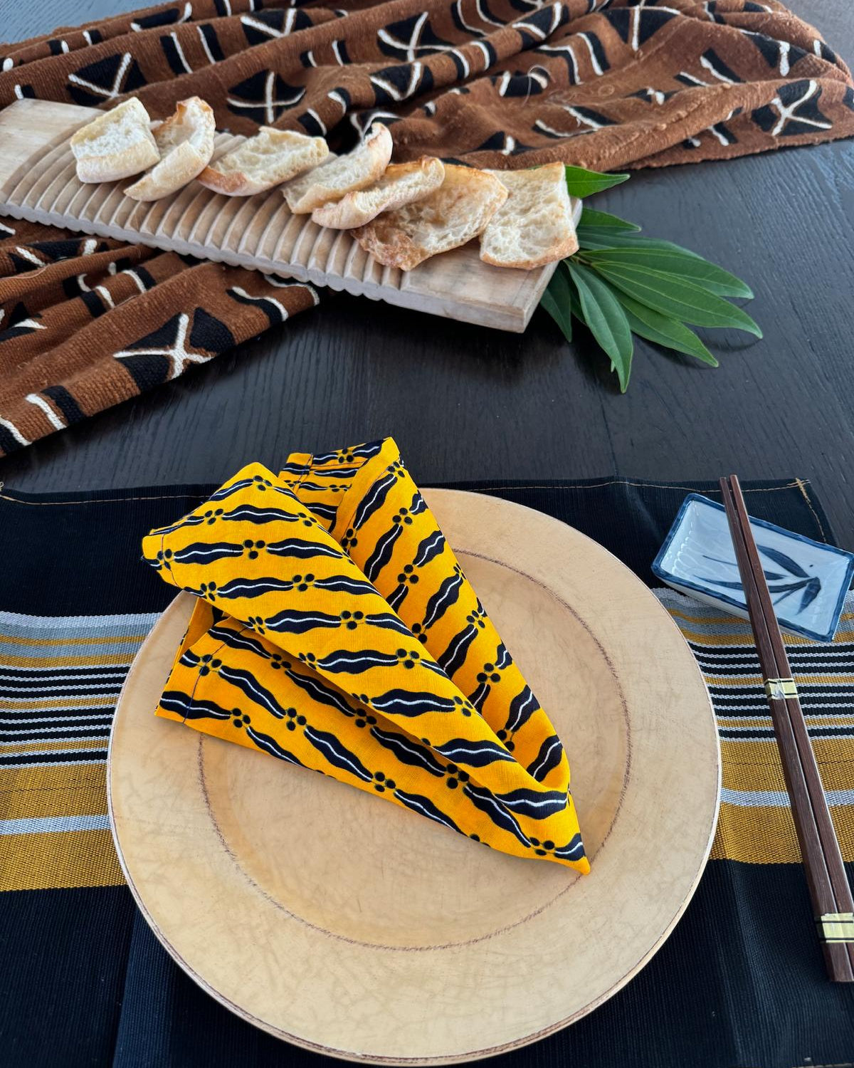 Nigerian hand-crafted Yellow Napkins w/ Black/Yellow Placemats SET-Spark Social