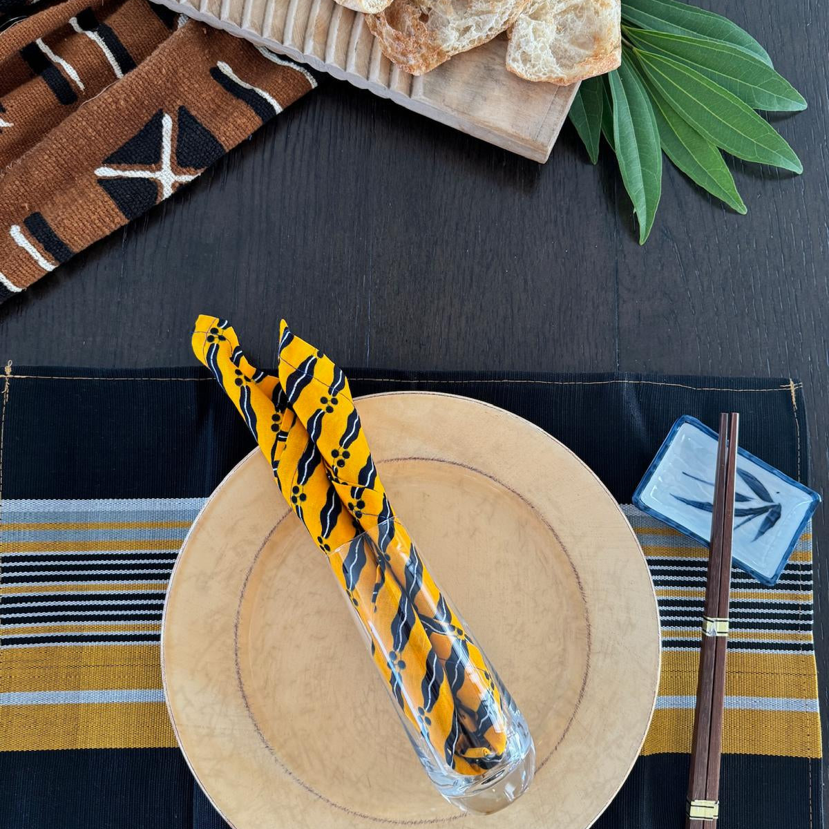 Nigerian hand-crafted Yellow Napkins w/ Black/Yellow Placemats SET-Spark Social