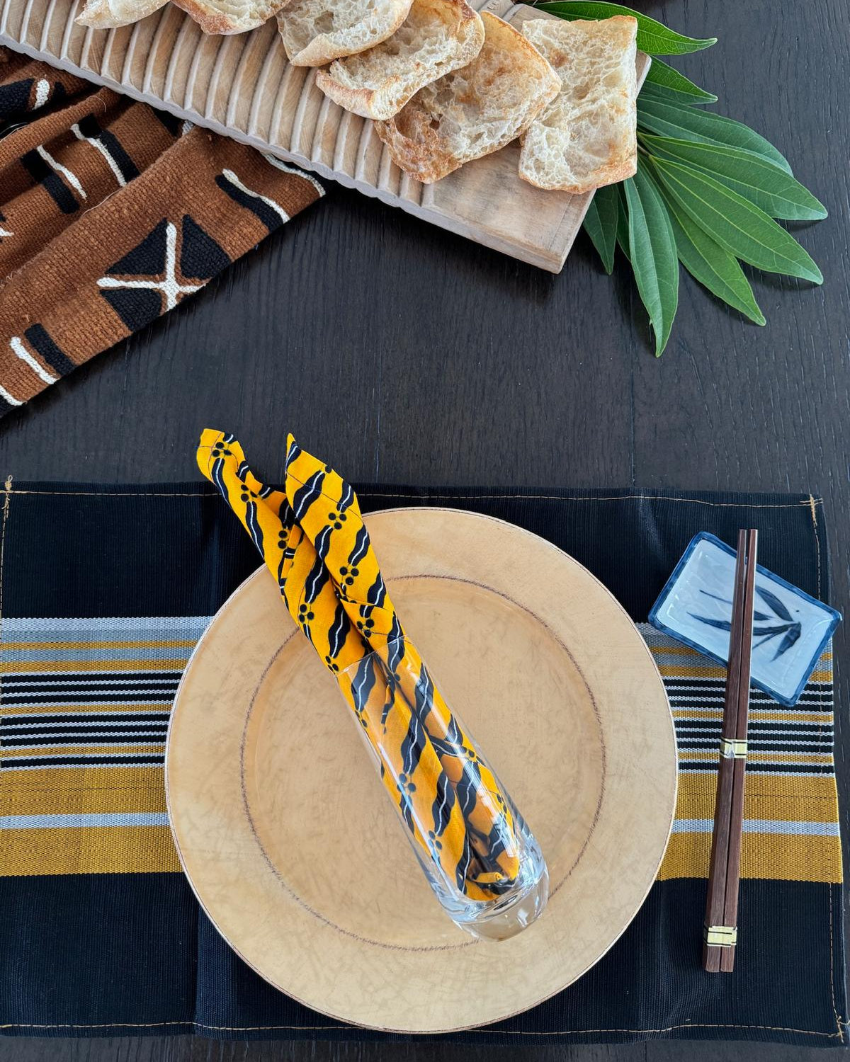 Nigerian hand-crafted Yellow Napkins w/ Black/Yellow Placemats SET-Spark Social